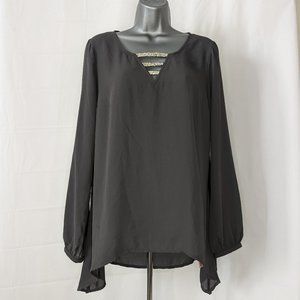 Juicy Couture Gray Chiffon Long Sleeve Blouse With Silver Stones V Neck M Medium